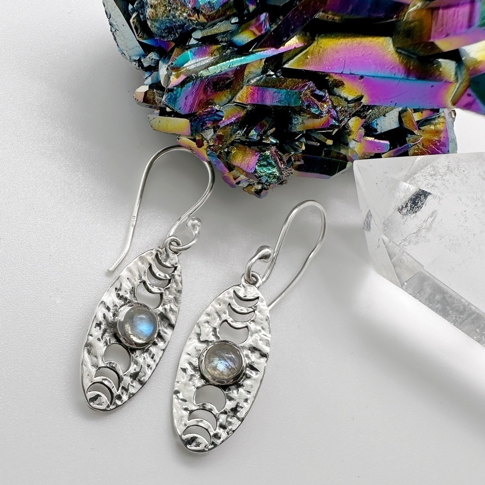 ARTISAN Sterling Silver Hammered Moon Phases Rainbow Moonstone Drop Earrings